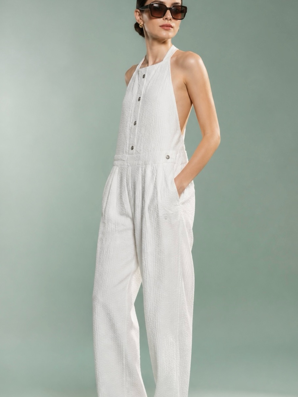 Roxy White Textured Halter Jumpsuit with Cross-Back Tie - Picture 2 of 2